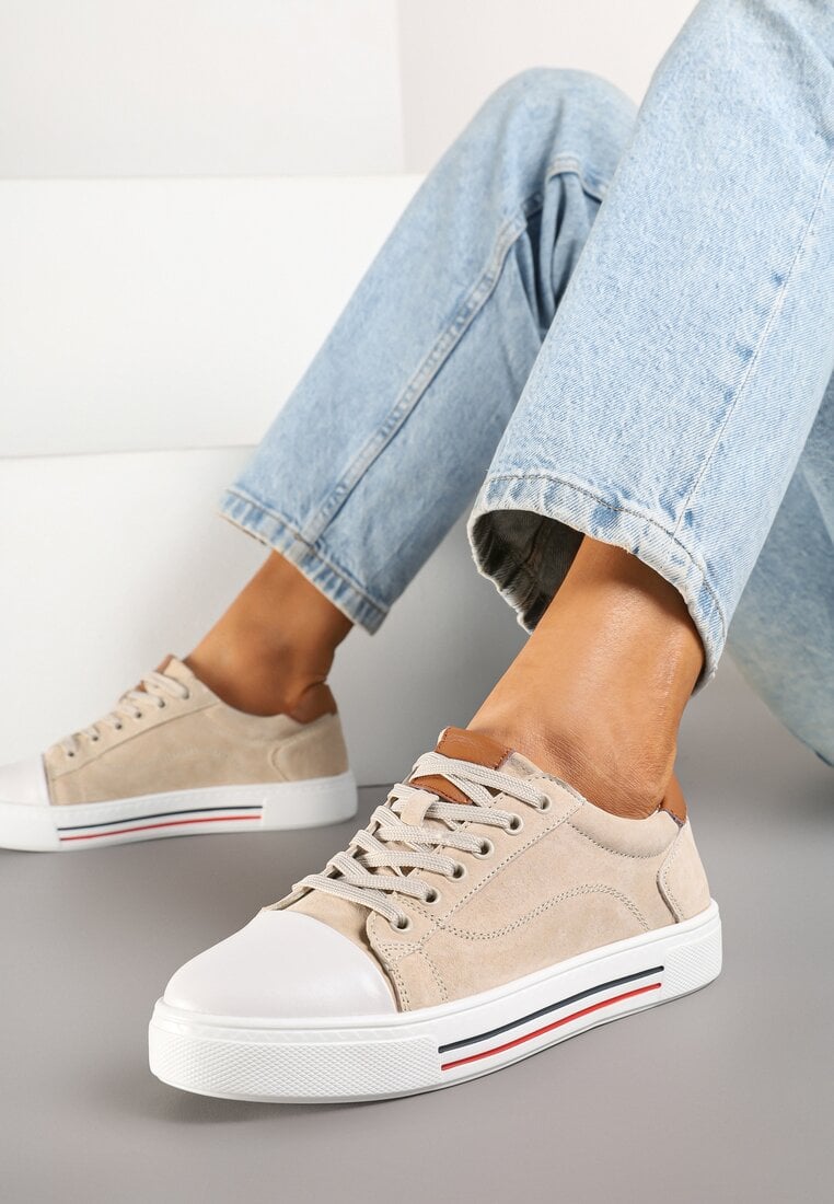 Beżowe Skórzane Trampki na Płaskiej Podeszwie ze Skórzaną Wkładką i Kontrastowym Noskiem Helili