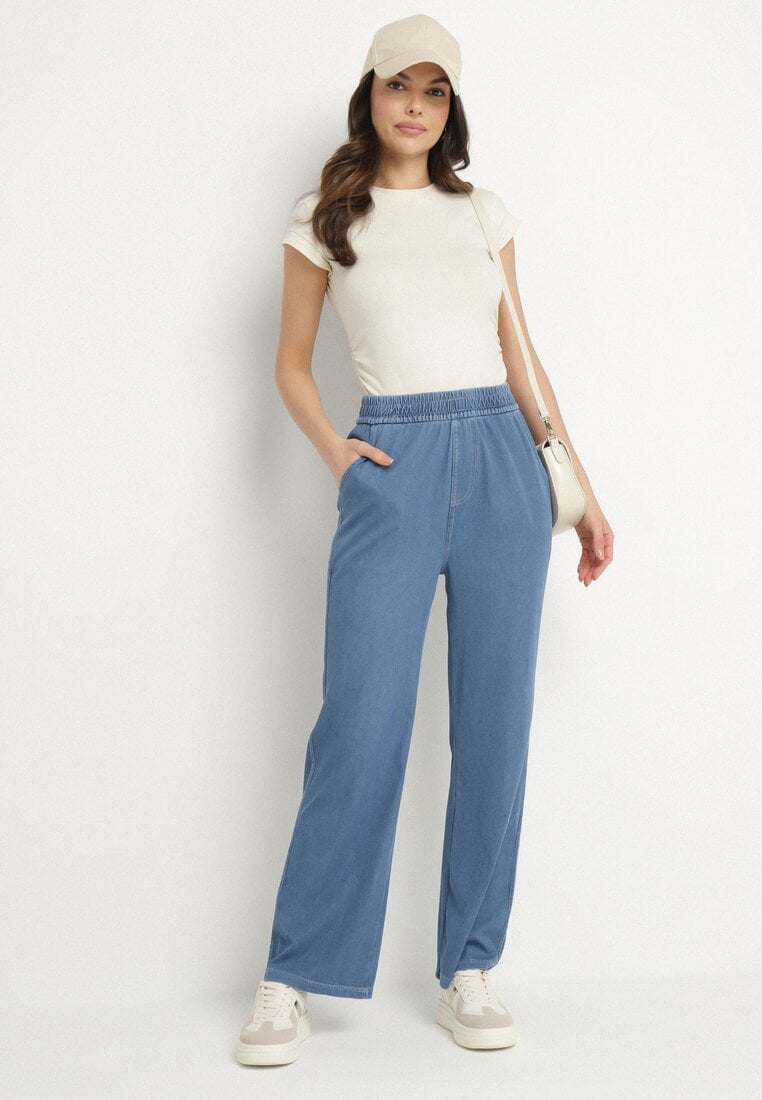 Niebieskie Szerokie Spodnie z Wiskozą Bawełną Wysokim Stanem Imitujące Jeans Caldexis