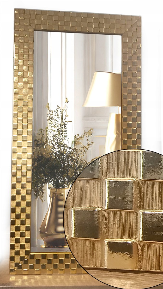 Lustro w ZŁOTEJ drewnianej grubej ramie 9cm ART DECO 140x60 Szachownica