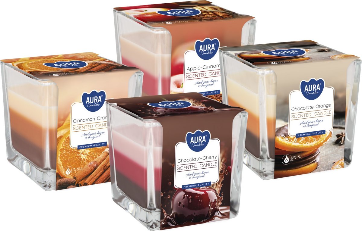 ZESTAW Świeca zapachowa w szkle trójkolorowa BISPOL Aura 32H MIX 