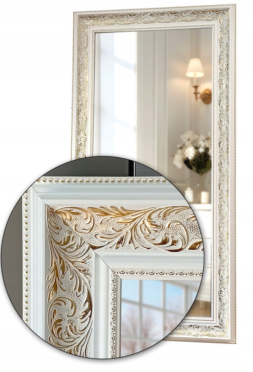 Luksusowe lustro w biało złotej bogatej ramie 140x60 odporne na wilgoć U13