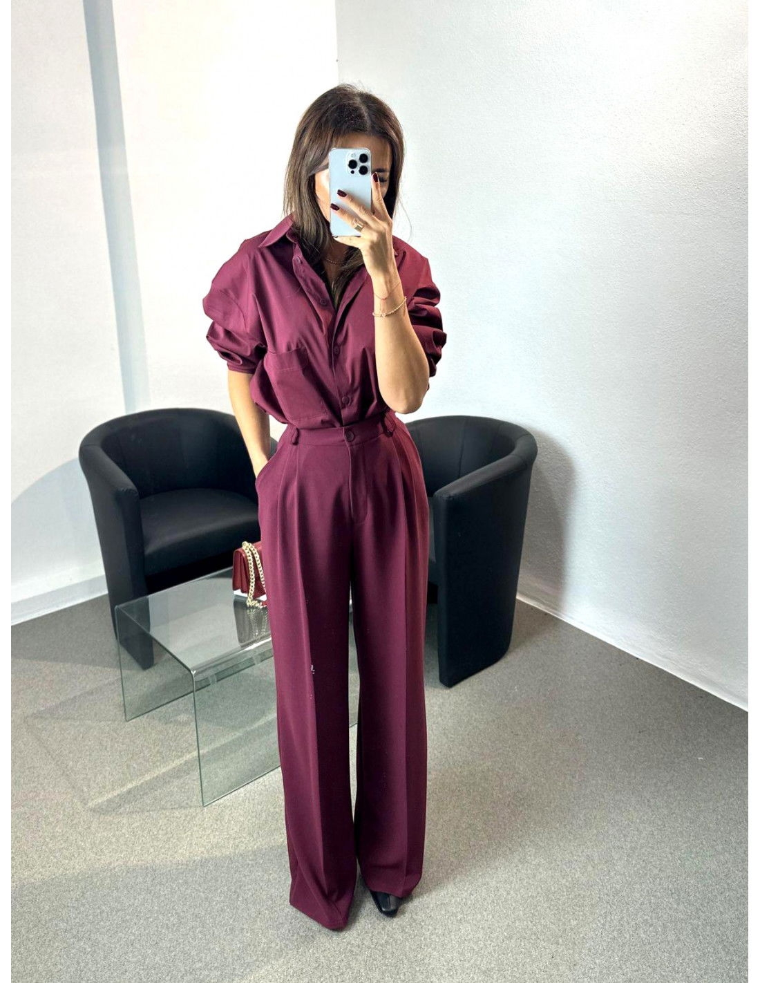 Eleganckie szerokie spodnie z kantem NOLLY - bordowe