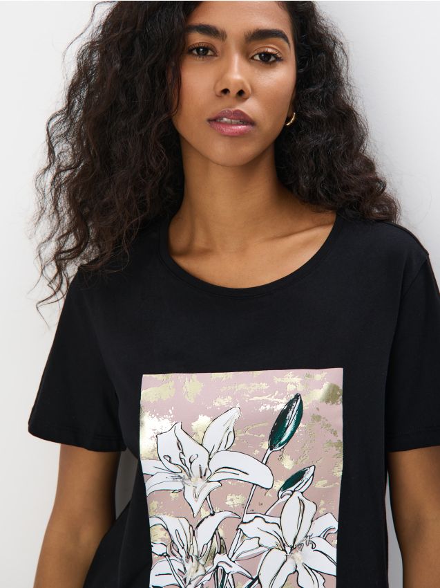 Mohito - Bawełniany t-shirt z grafiką - czarny