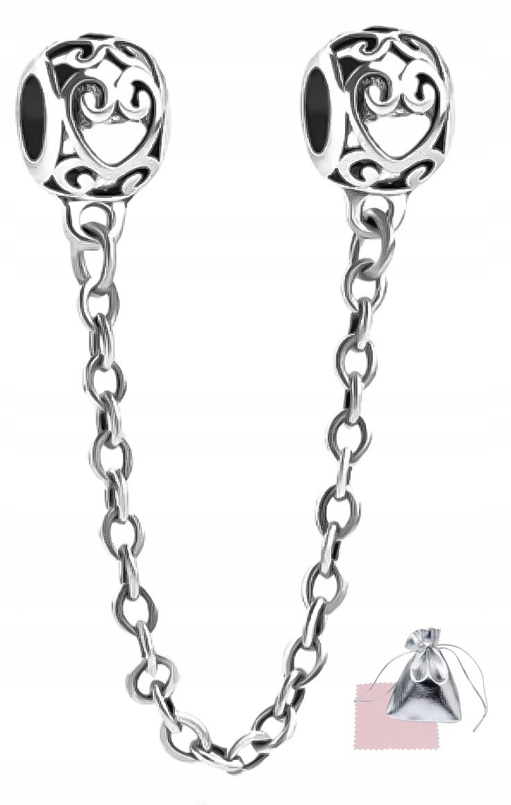 Charms łańcuszek zabezpieczający do bransoletki Srebro 925 serca