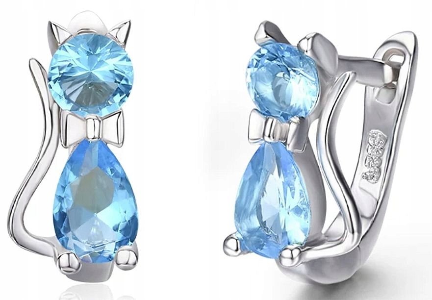 KOLCZYKI ZE SREBRA 925 KOTY, KOTKI błękitne wiszące dla dzieci ,prezent