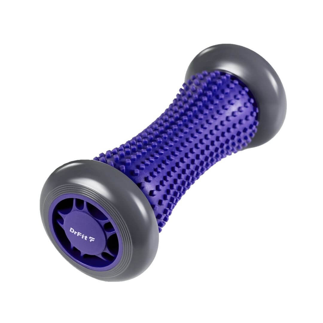 Roller do masażu ciała wałek do regeneracji stóp z wypustkami fioletowy 17cm (szare koła) DrFit