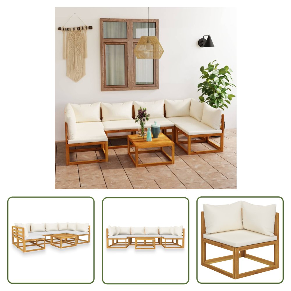 The Living Store 7-cz. zestaw wypoczynkowy do ogrodu - kremowe poduszki - akacja - Sofa Ogrodowa I Stół