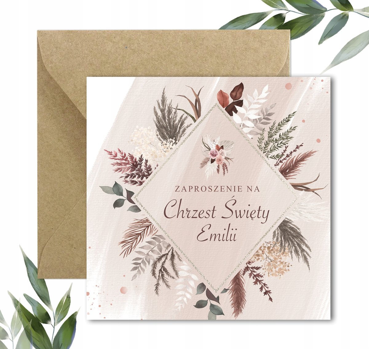Zaproszenia na Chrzest Święty Chrzciny Boho Flowers Imię + Koperta / Aureli