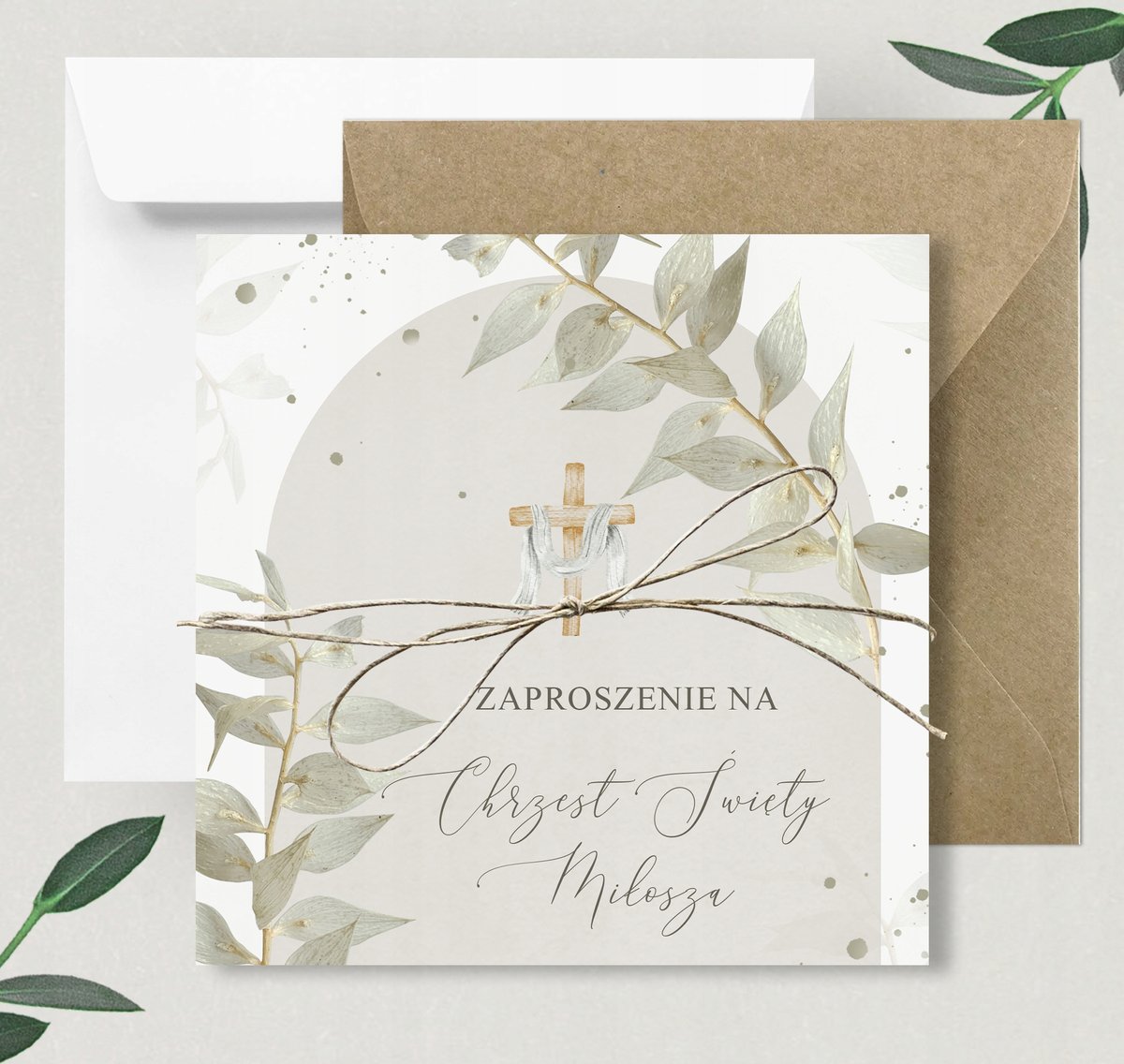 Zaproszenia na Chrzest Chrzciny zaproszenie White Ruscus Imię Koperta / Aureli