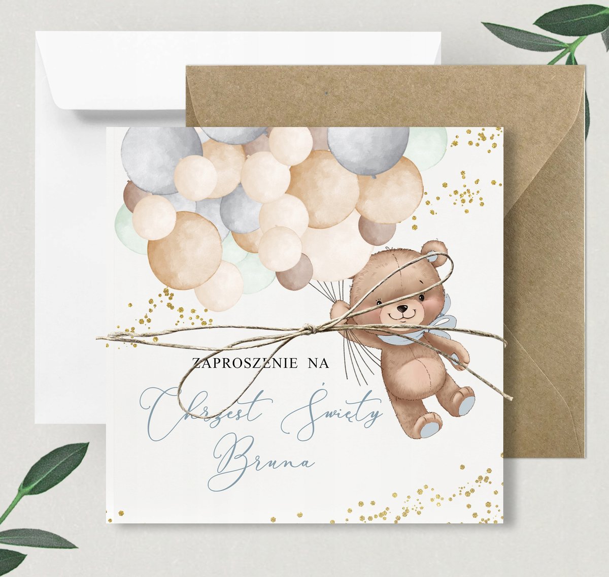 Zaproszenia na Chrzest Chrzciny zaproszenie Teddy Bear Sparkle Imię Koperta / Aureli