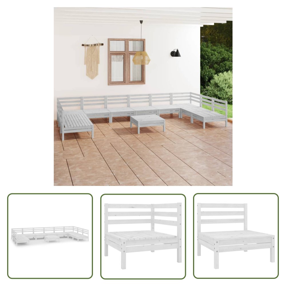 The Living Store 11-cz. zestaw mebli ogrodowych - biały - lite drewno sosnowe - Zestaw Mebli Ogrodowych
