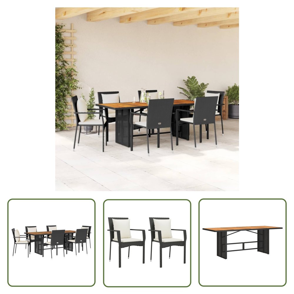 The Living Store 7-cz. zestaw mebli ogrodowych z poduszkami - czarny - polirattan - Meble Ogrodowe