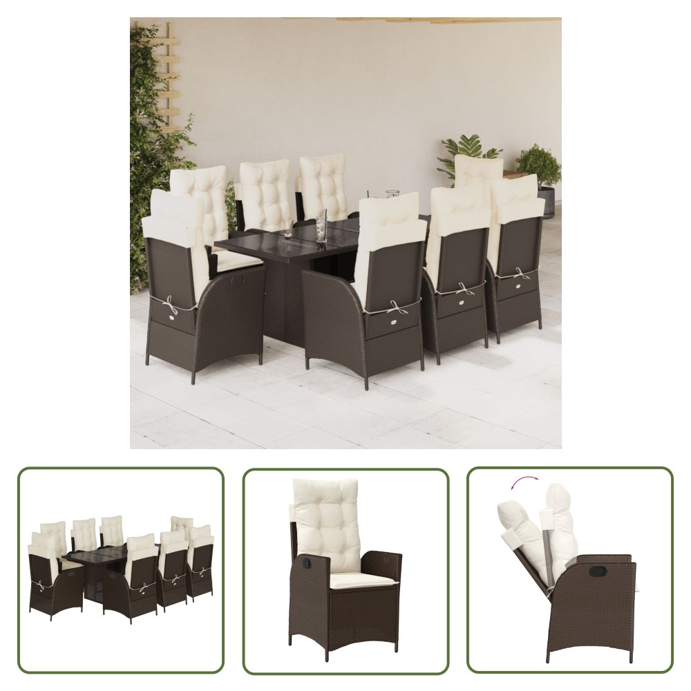 The Living Store 9-cz. zestaw mebli ogrodowych z poduszkami - brązowy - rattan PE - Meble Ogrodowe