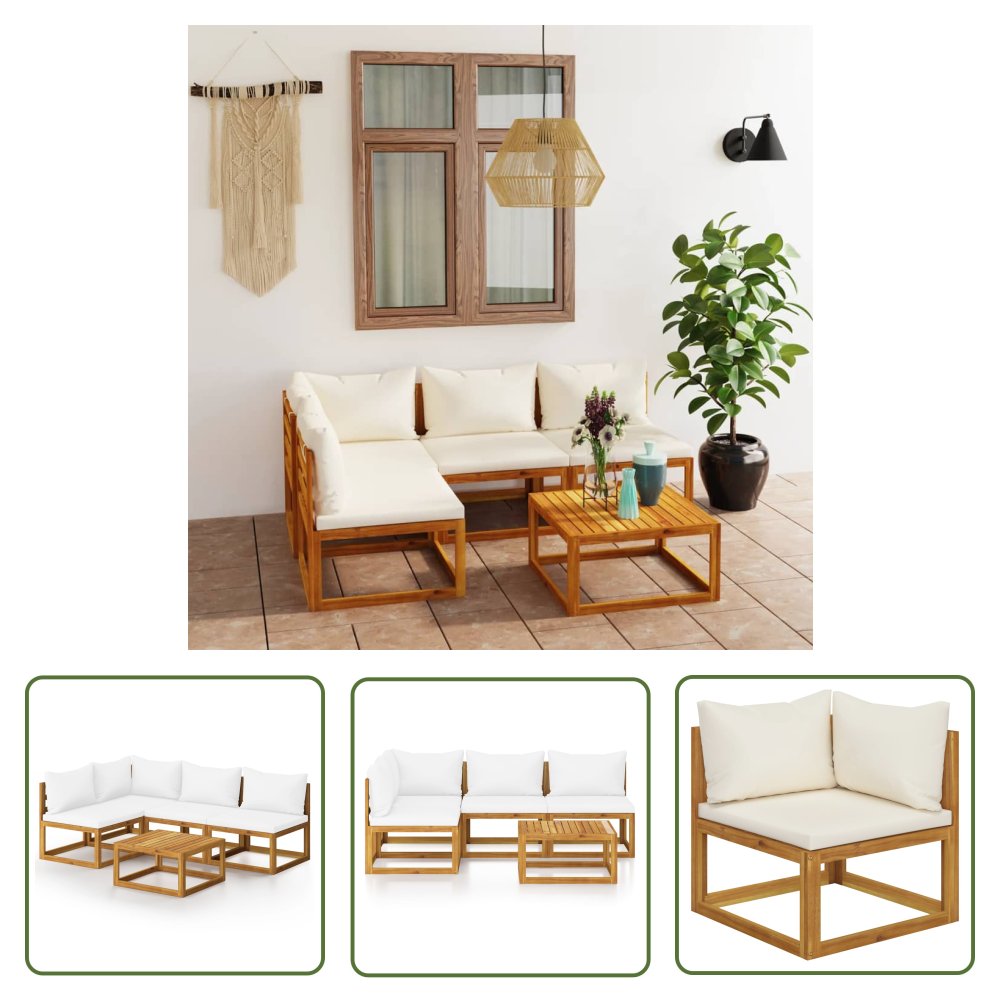 The Living Store 5-cz. zestaw wypoczynkowy do ogrodu - kremowe poduszki - akacja - Sofa Ogrodowa I Stół