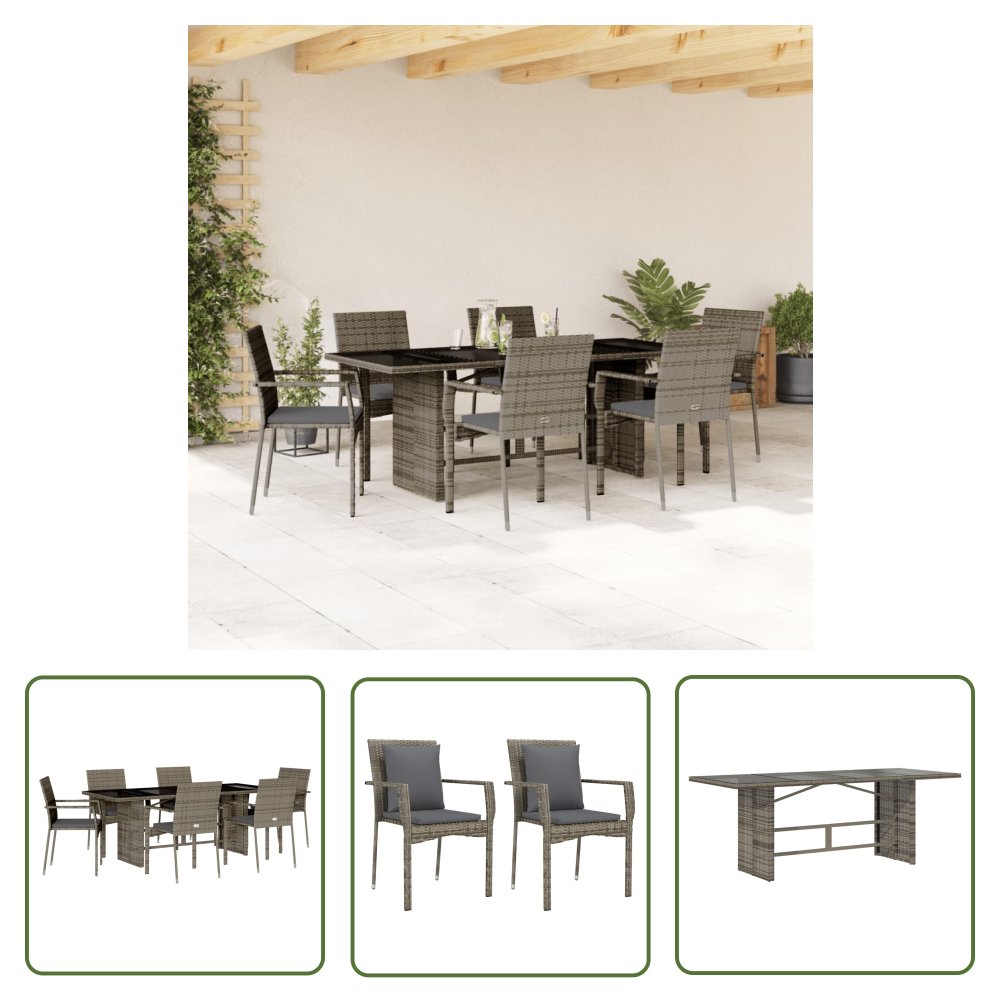 The Living Store 7-cz. zestaw mebli ogrodowych z poduszkami - szary - rattan PE - Meble Ogrodowe