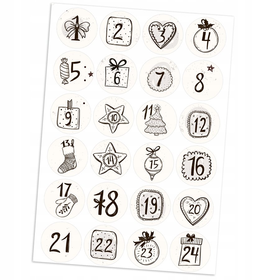 Kalendarz Adwentowy A5 24 Naklejki Świąteczne 3,3 Cm Wzory