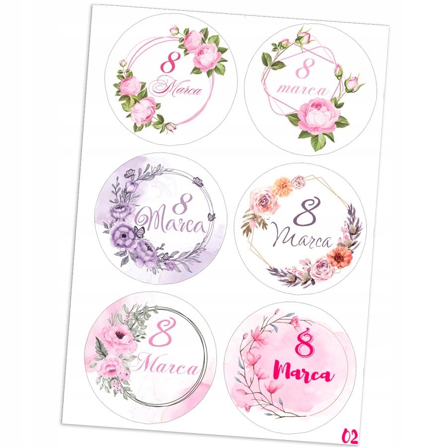 Naklejki Etykietki Na 8 Marca Dzień Kobiet 6 Szt 4,5 Cm Wzory