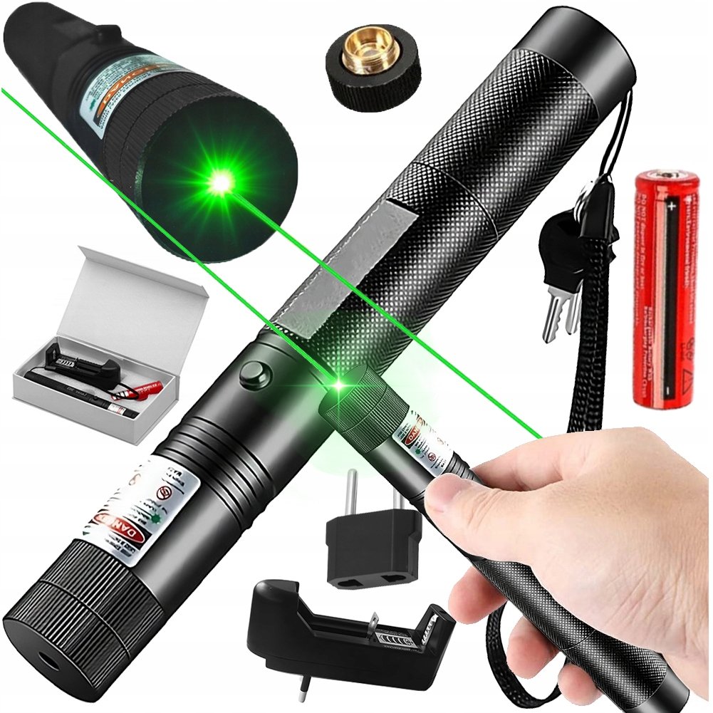 Mocny Wskaźnik Laserowy Laser Pointer Zielony Aku + Ładowarka I Nakładka