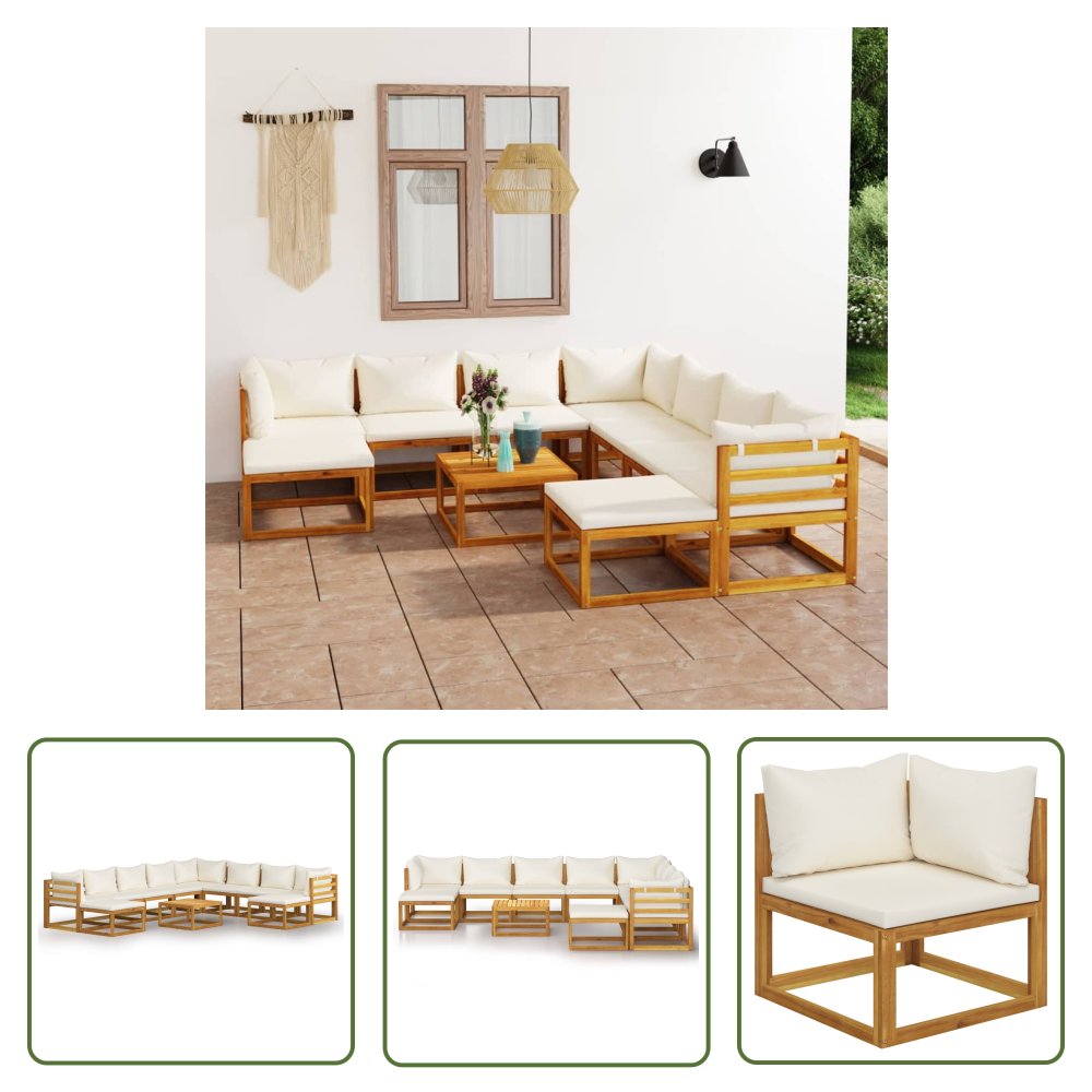 The Living Store 11-cz. zestaw wypoczynkowy do ogrodu - kremowe poduszki - akacja - Sofa Ogrodowa I Stół