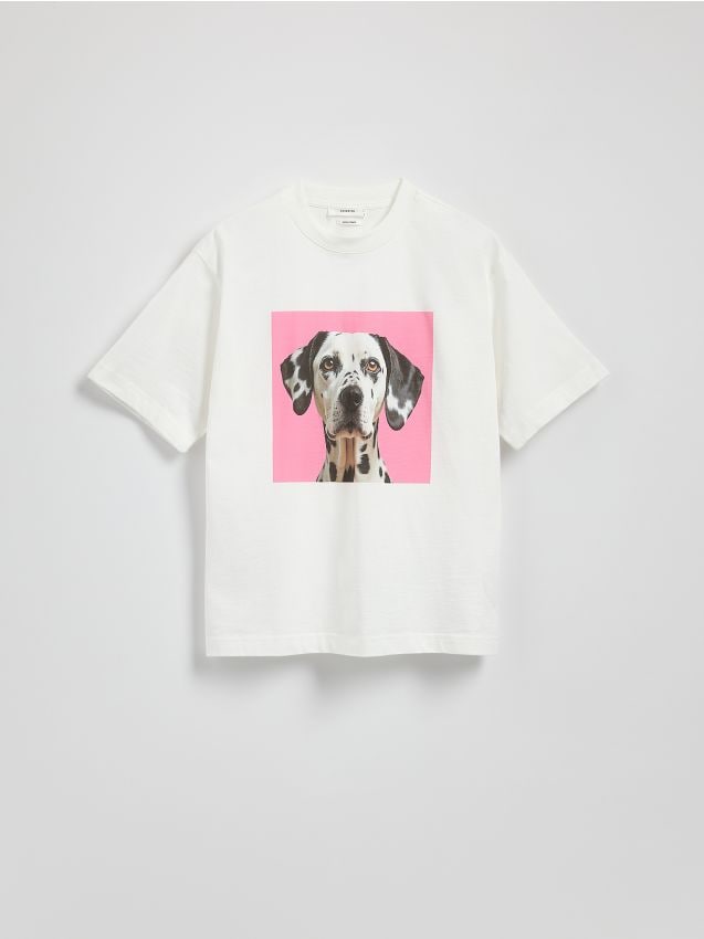 Reserved - T-shirt oversize z nadrukiem - złamana biel