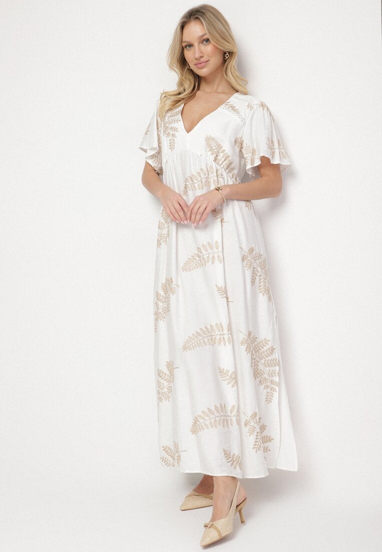 Biała Wiskozowa Sukienka z Metalicznymi Haftami Helvesia
