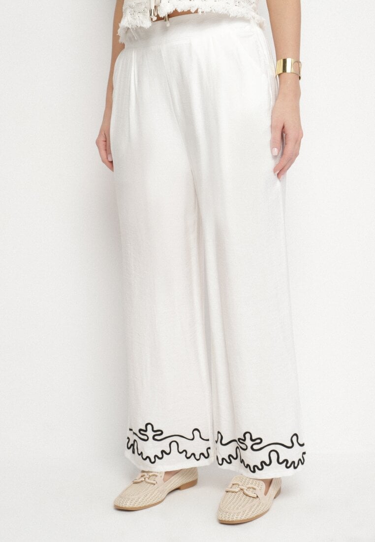 Białe Szerokie Spodnie z Wiskozy z Lnem Ozdobione Przeszyciami Fenerisa