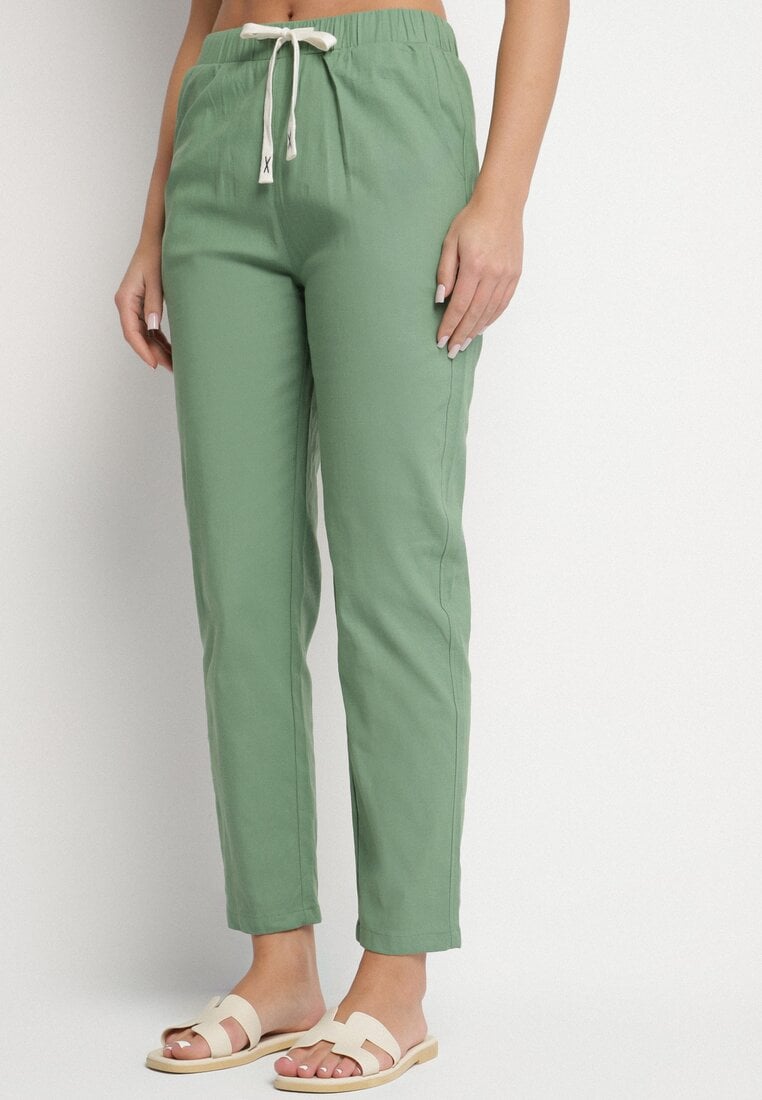 Zielone Spodnie z Bawełny Ozdobione Sznurkami Fenarnia