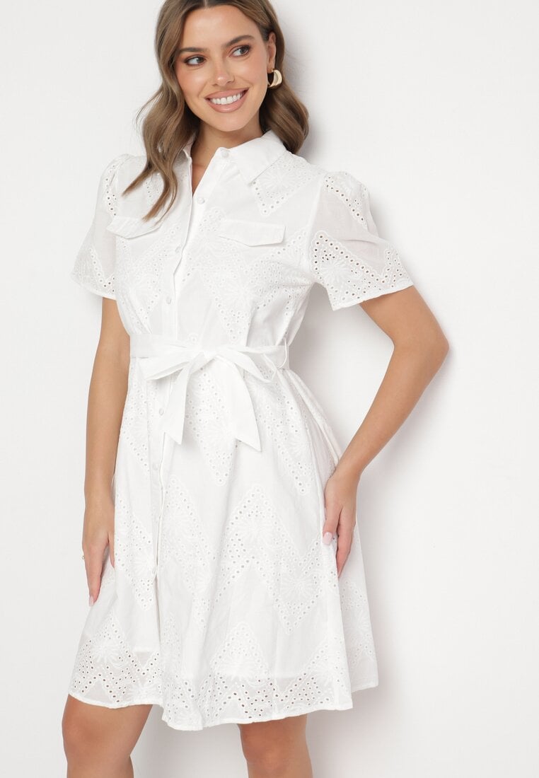 Biała Haftowana Sukienka z Bawełny z Paskiem Elearotea