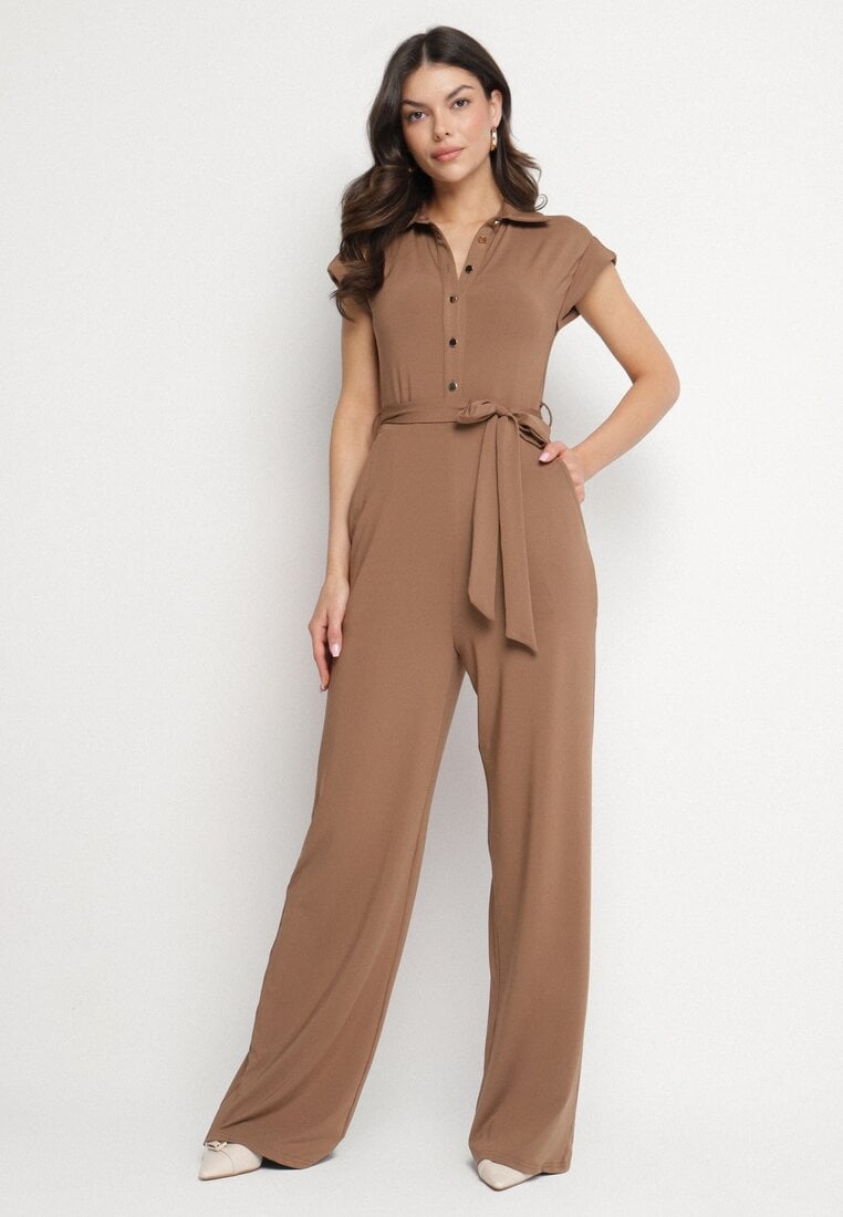 Brązowy Koszulowy Kombinezon z Wiskozą z Krótkim Rękawem i Paskiem Minorita