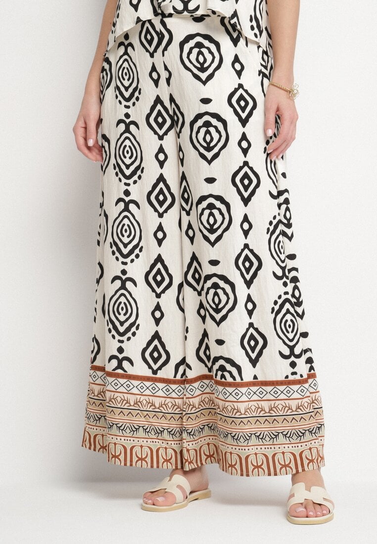 Czarne Spodnie Szerokie z Wiskozą w Geometryczny Wzór Teredia