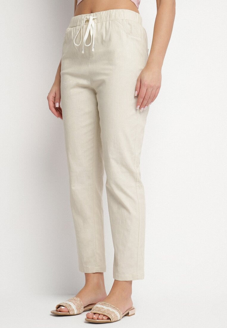 Ciemnobeżowe Bawełniane Spodnie z Wiązaniem Galtebis