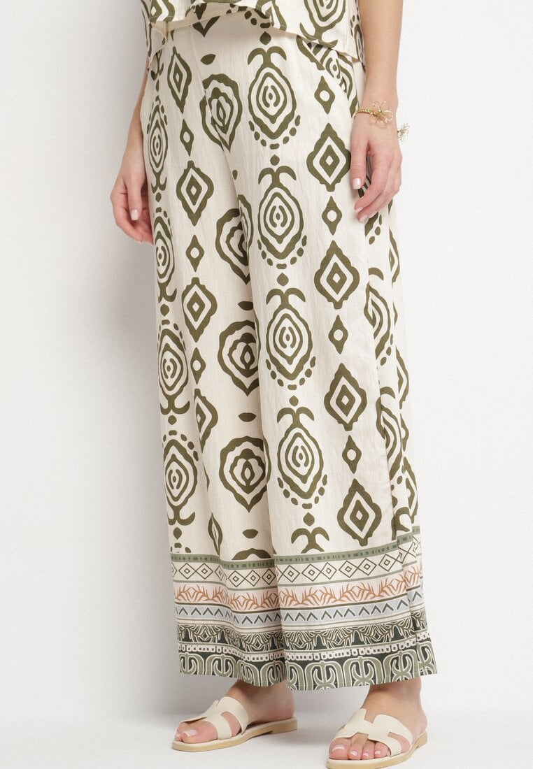 Zielone Spodnie Szerokie z Wiskozą w Geometryczny Wzór Teredia