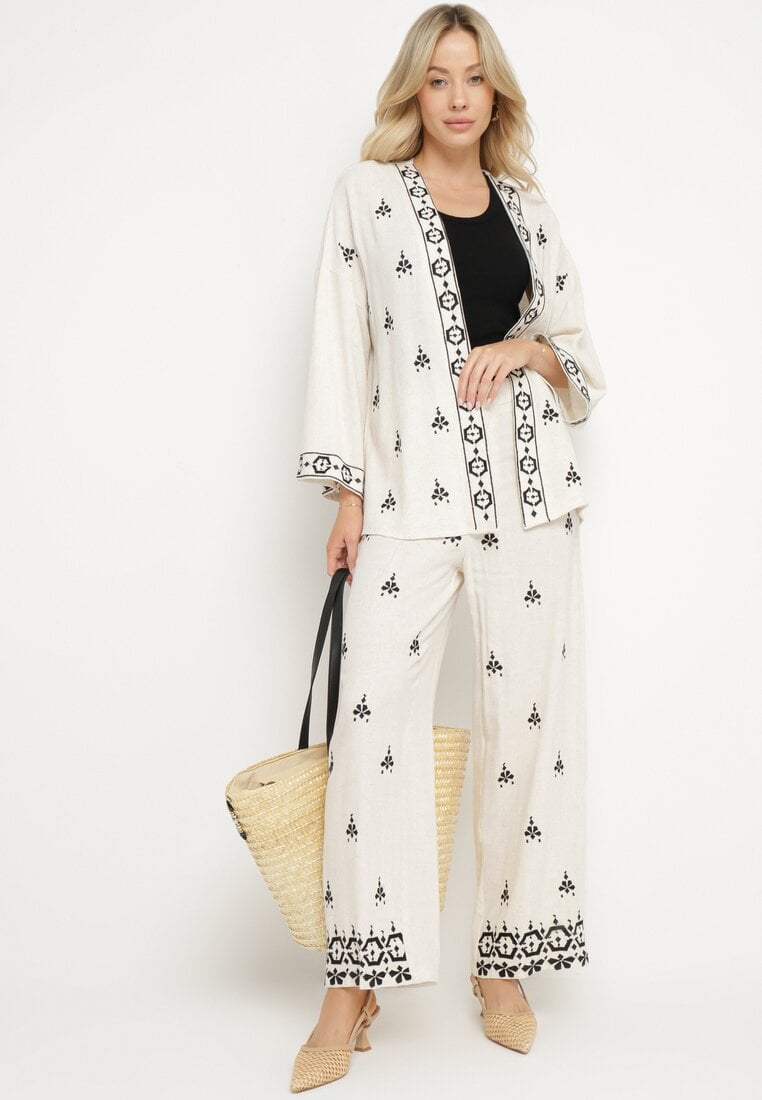 Biało-Czarne Szerokie Spodnie z Lnem Wiskozą Wysokim Stanem i Haftami Ilonira