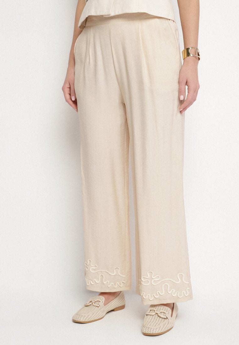 Jasnobeżowe Szerokie Spodnie z Wiskozy z Lnem Ozdobione Przeszyciami Fenerisa
