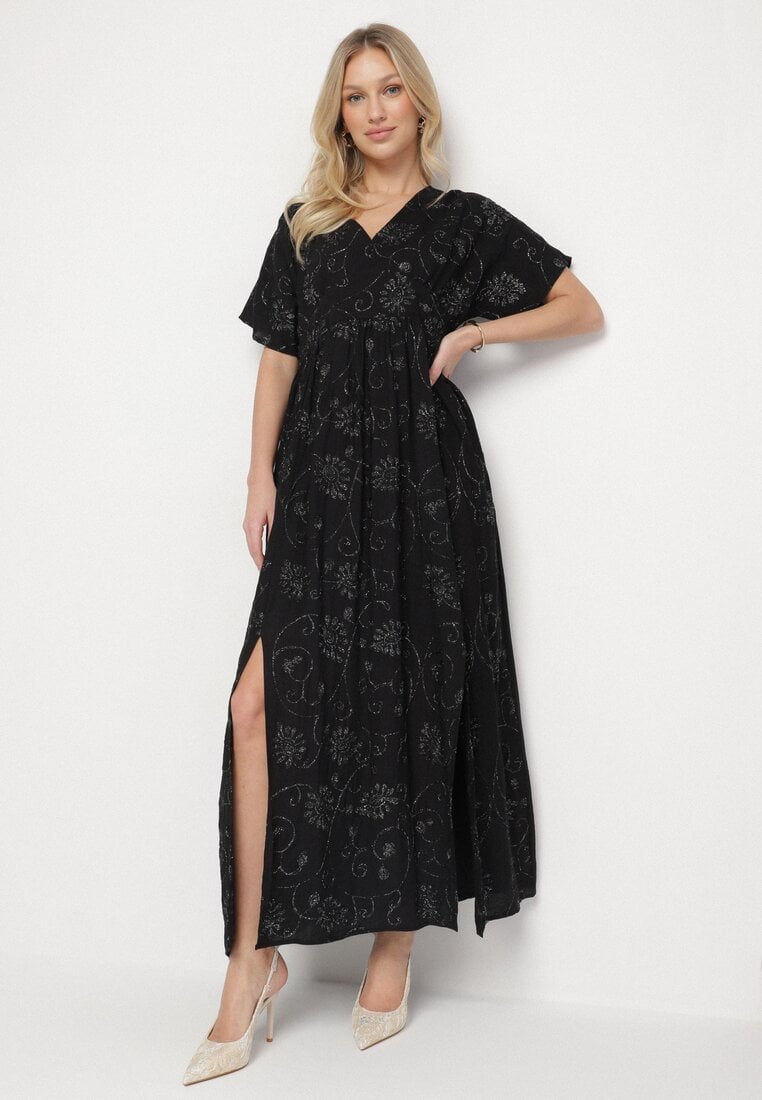 Czarna Wiskozowa Sukienka z Metaliczną Nicią i Haftem Nelvesia