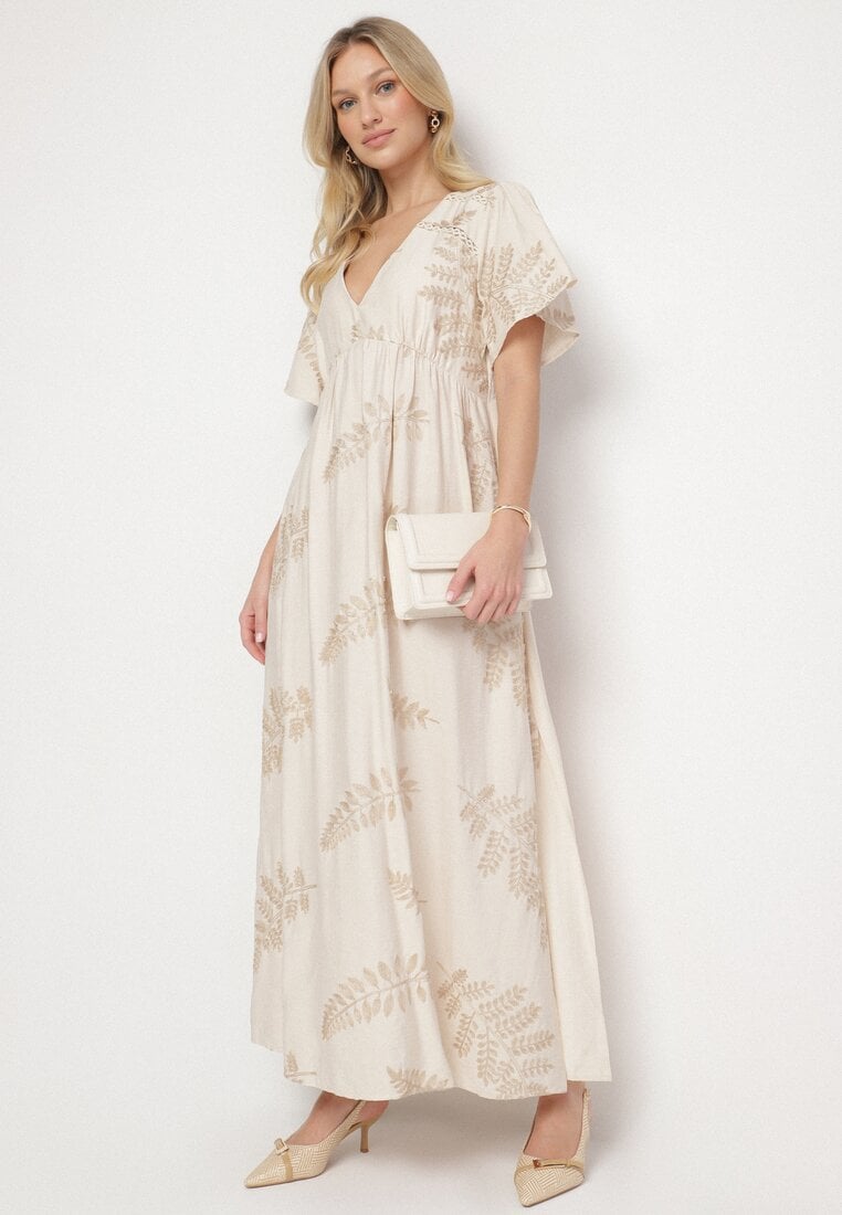 Beżowa Wiskozowa Sukienka z Metalicznymi Haftami Helvesia