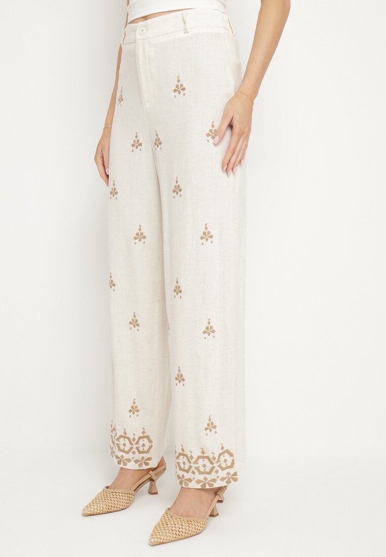 Biało-Beżowe Szerokie Spodnie z Lnem Wiskozą Wysokim Stanem i Haftami Ilonira