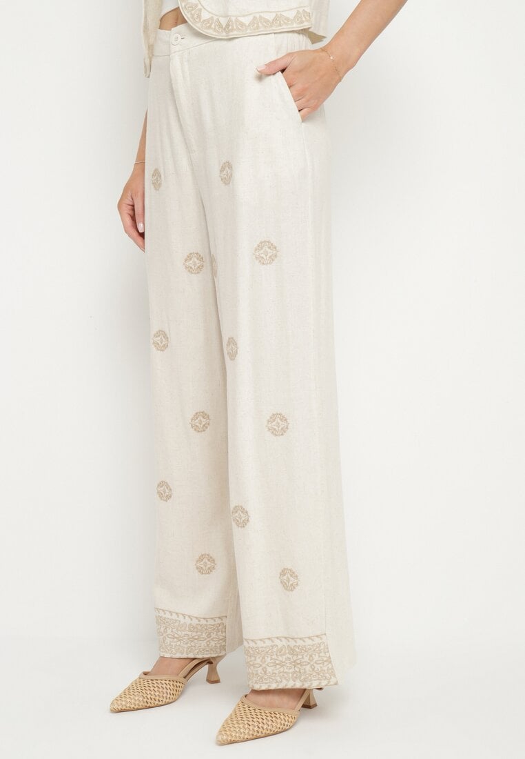 Beżowe Szerokie Spodnie z Lnem Wiskozą i Wysokim Stanem Ozdobione Haftem Borilna