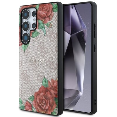 Etui GUESS Leather 4G Flowers Print Metal Classic Logo MagSafe do Samsung Galaxy S25 Ultra Różowy