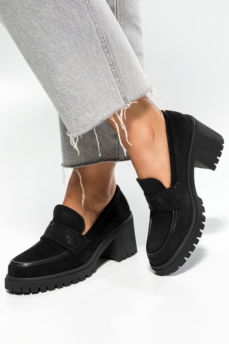 Czarne mokasyny damskie na szerokim klocku ozdobne paski z cyrkoniami Casu JW24X1-B-NO-39