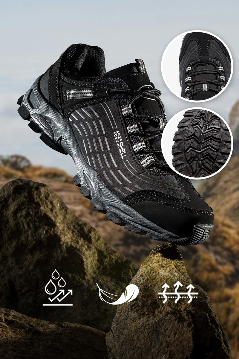 Czarne buty trekkingowe damskie sznurowane z szarymi dodatkami softshell Casu B1528-1-41