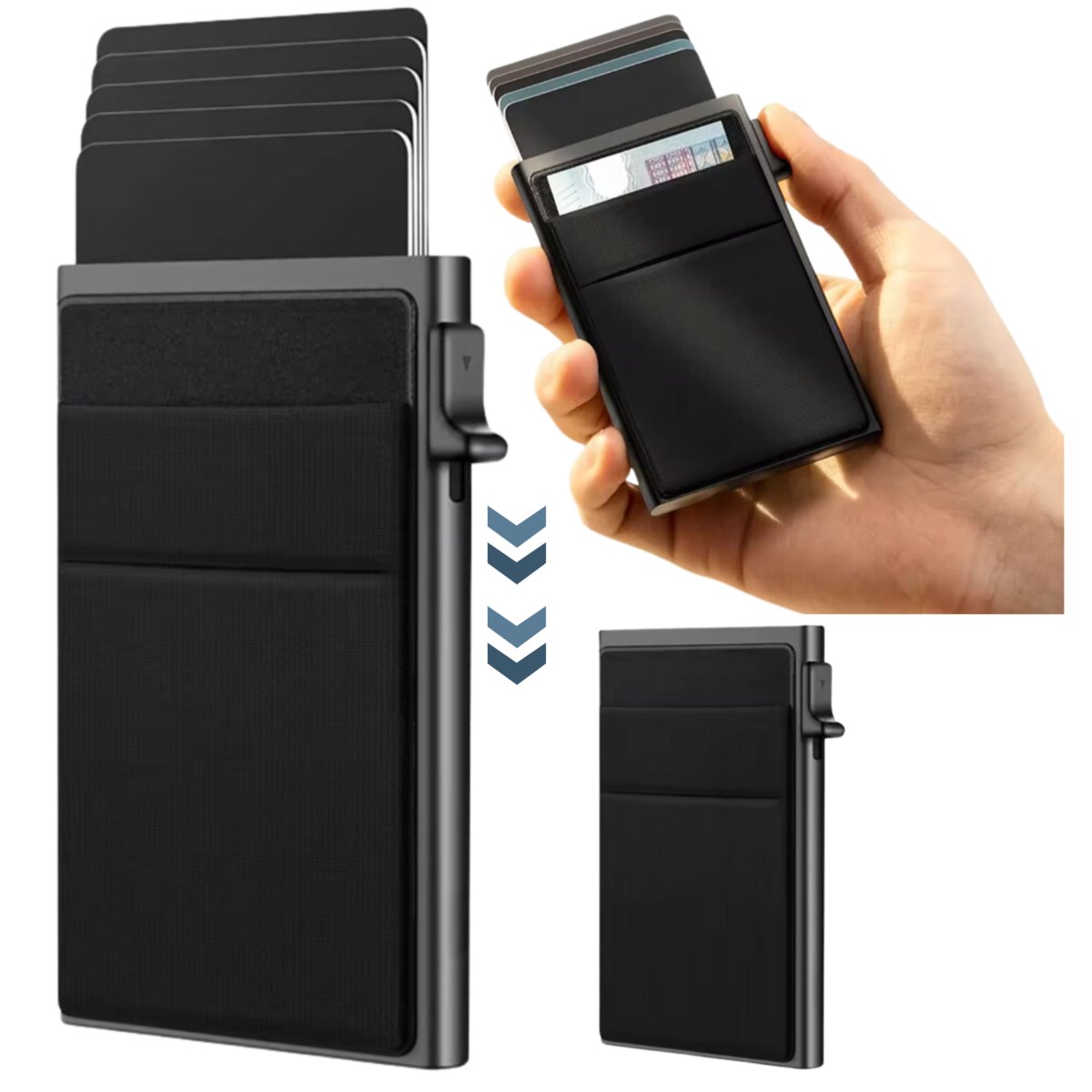 PORTFEL MĘSKI CZARNY ETUI NA KARTY KREDYTOWE PRZYCISK DO WYSUWANIA KART