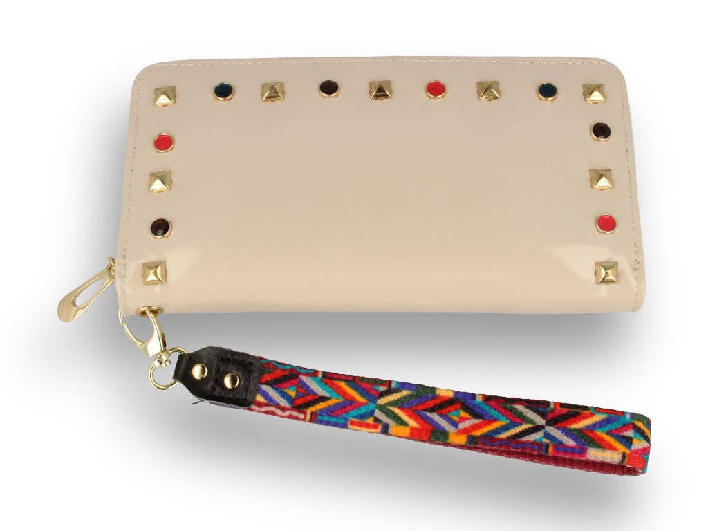 Portfel damski lakierowany ecru z paskiem azteckim
