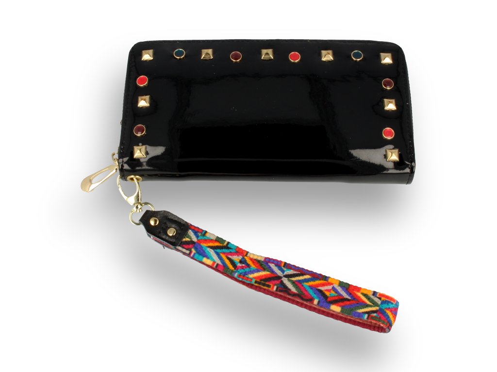 Portfel damski lakierowany czarny z paskiem azteckim