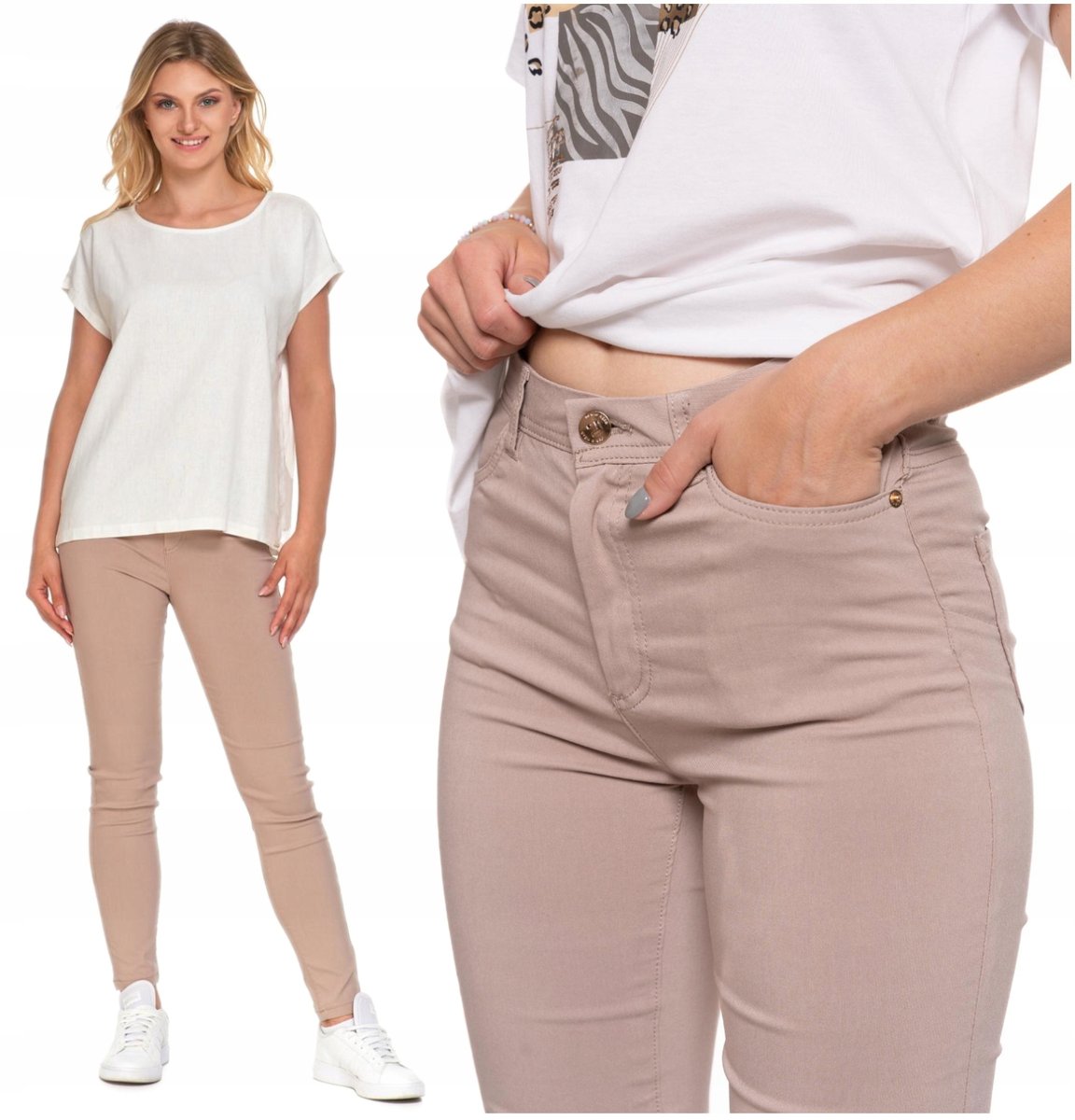 SPODNIE DAMSKIE Długie Eleganckie Wiskoza Beżowe Rurki Modne MORAJ S