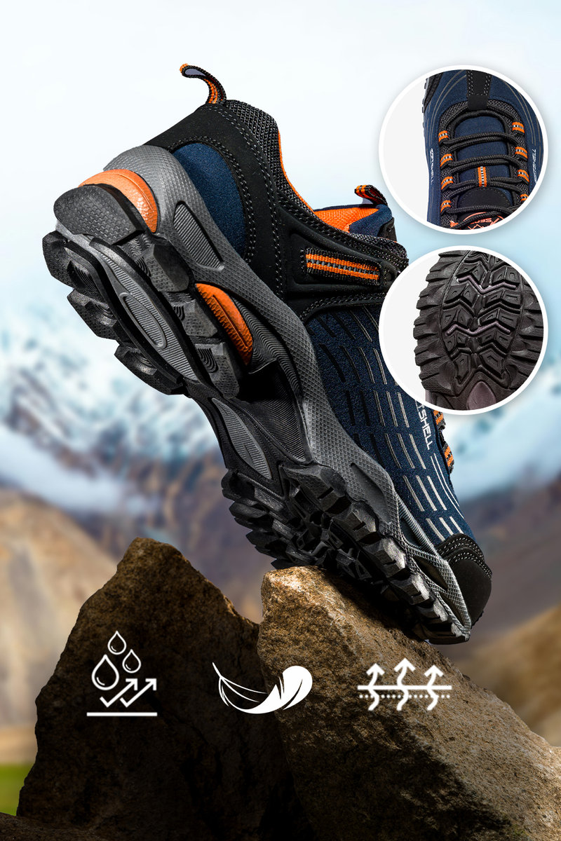 Granatowe buty trekkingowe damskie sznurowane z pomarańczowymi dodatkami softshell Casu B1528-5-37