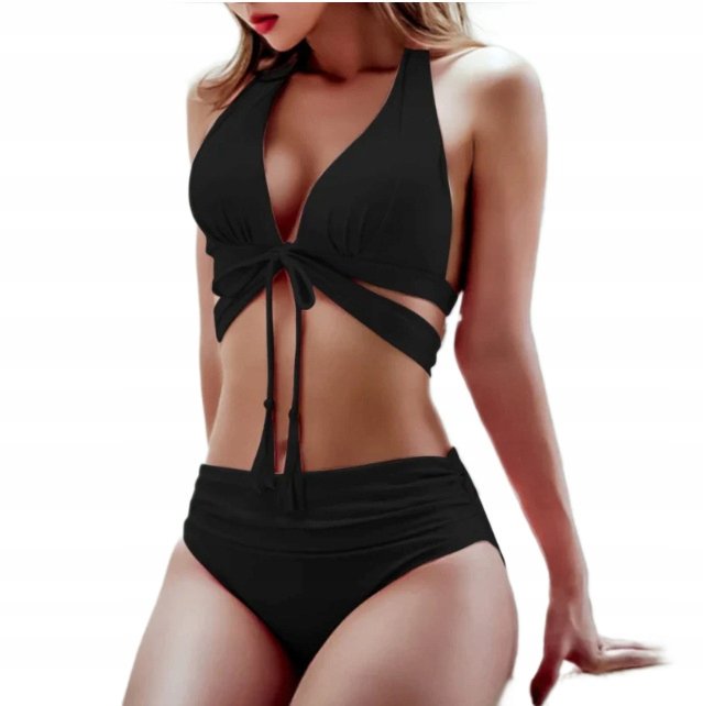 CZARNY STRÓJ KĄPIELOWY DWUCZĘŚCIOWY WIĄZANA GÓRA WYSOKI STAN L