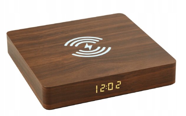DREWNIANA ŁADOWARKA BEZPRZEWODOWA QI ZEGAR BUDZIK