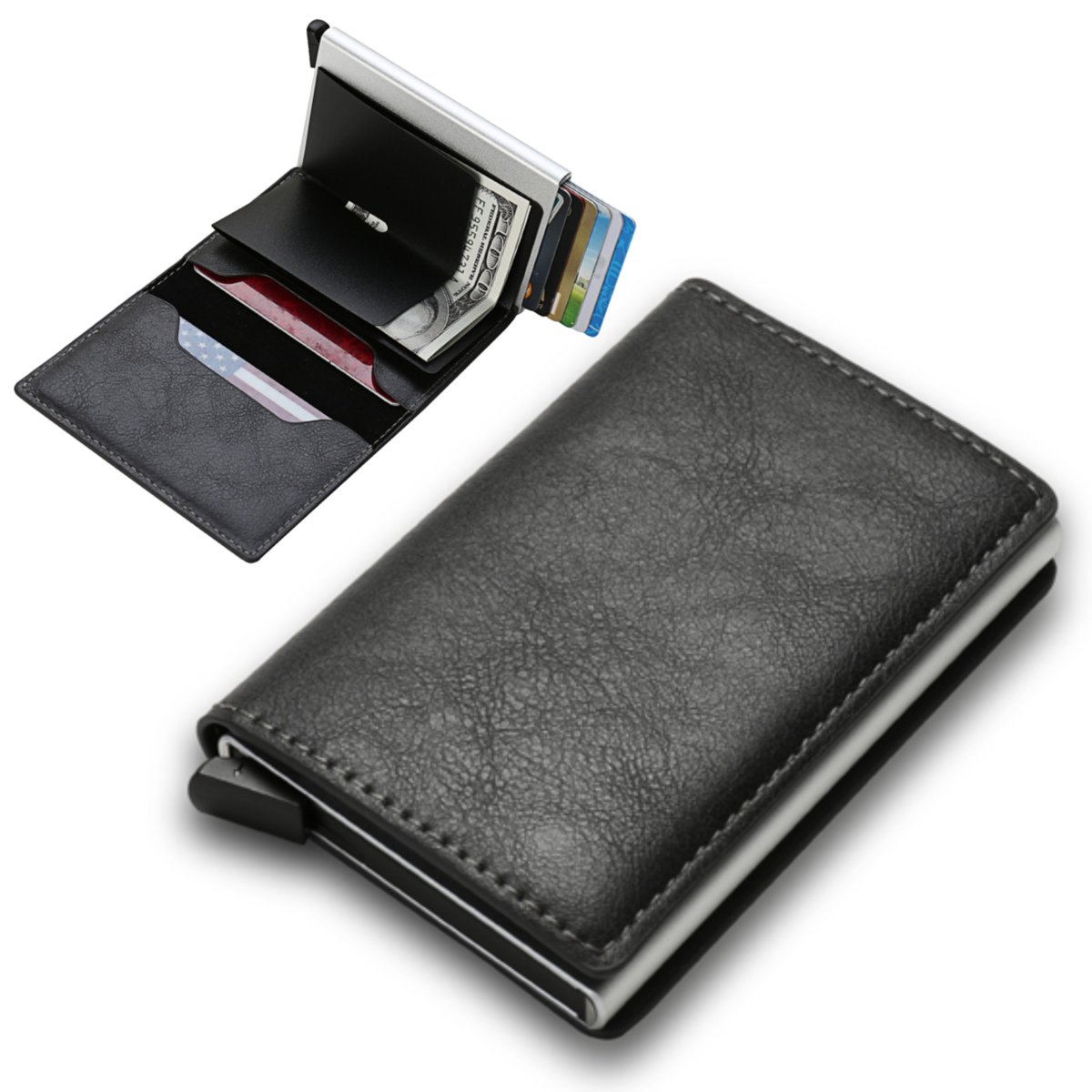 PORTFEL ETUI NA KARTY KREDYTOWE SZARY RFID PRZYCISK DO WYSUWANIA KART