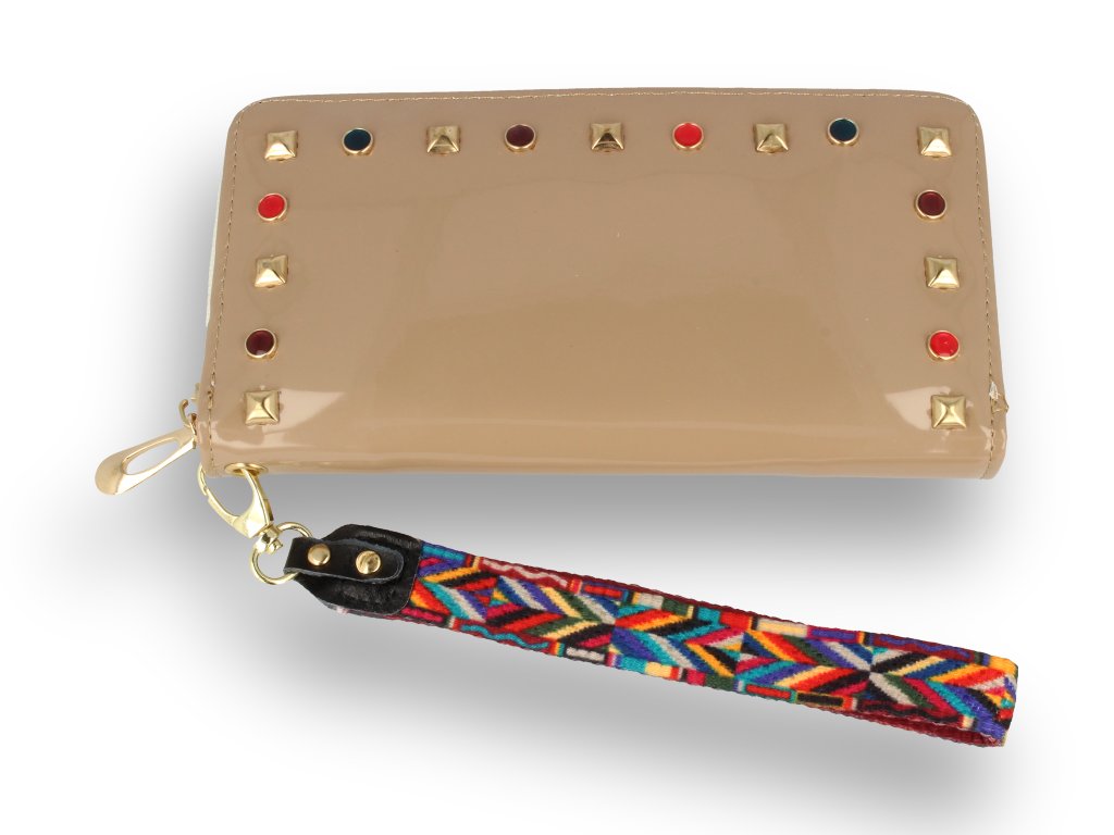 Portfel damski lakierowany beżowy z paskiem azteckim